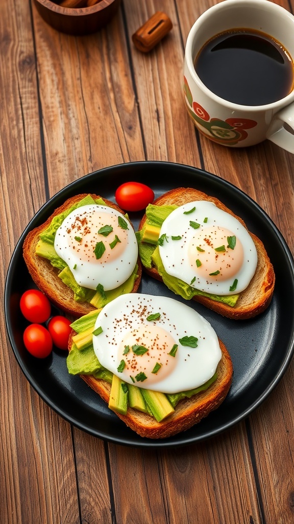 Breakfast toast with avocado and poached eggs on a rustic table.